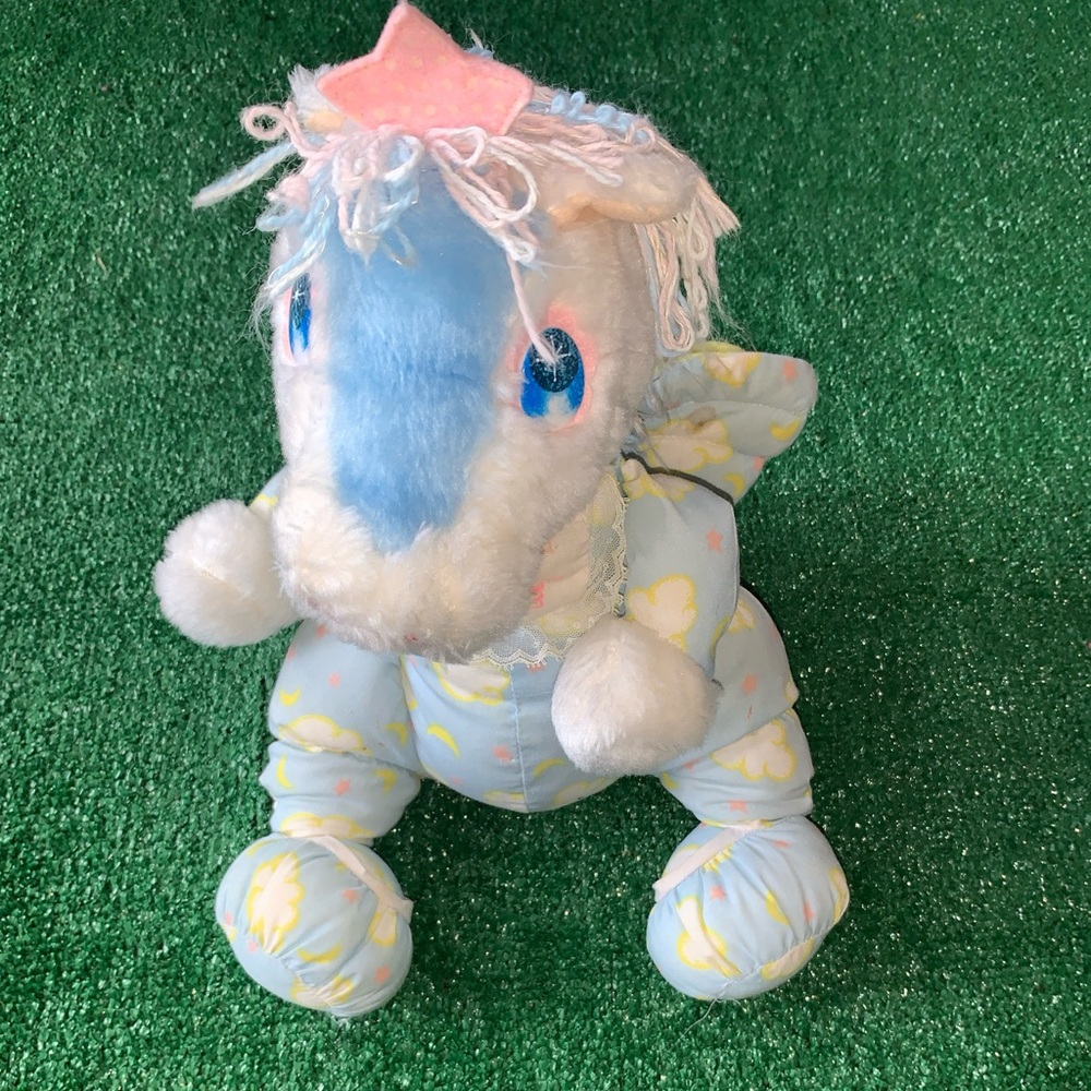Vtg 80s Commonwealth Nitey Nite White Horse Plush Blue Winged Pajamas
